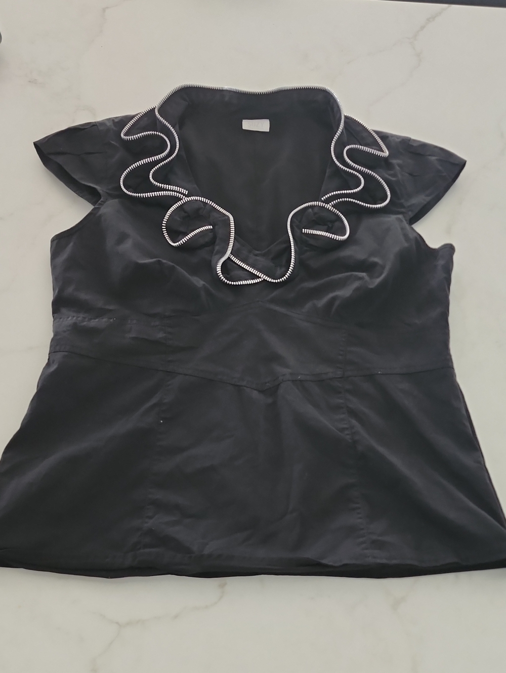 Suzy Shier Black Ruffle-Trim V-Neck Blouse
